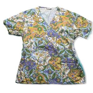 Abstract Floral Print Scrub Top